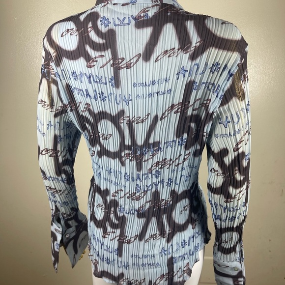 Vintage sheer printed all over print long sleeve collard bratz y2k blue L - Picture 2 of 5